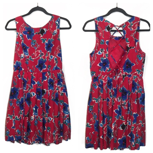 Anthropologie Red Floral Lace Up Back Pleate Dress - Picture 2 of 11